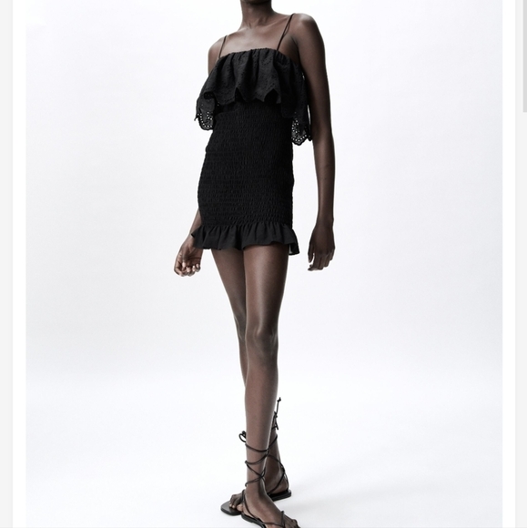 ZARA cotton embroidered smocked dress black xs - Picture 14 of 15